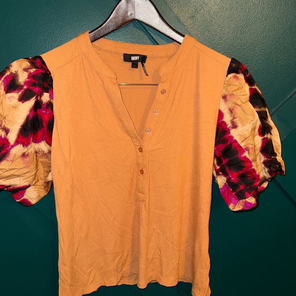 DKNY Tan Top with Multicolor Puff Sleeves - Picture 3 of 8